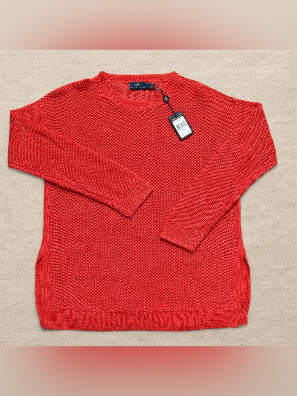 NWT Polo Ralph Lauren Womens Red 100% Linen Long Sleeve Knit Sweater Size S
